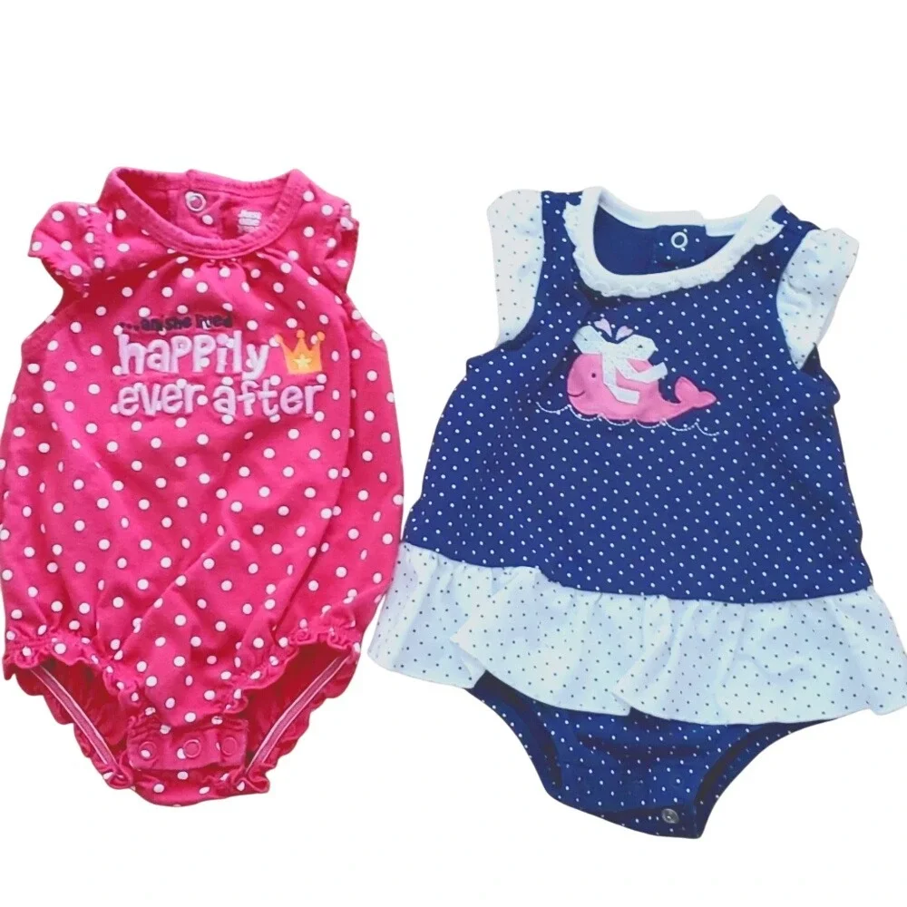 Carters Girl Navy Whale Polka Dott Romper with Little Me Pink Ever After Romper